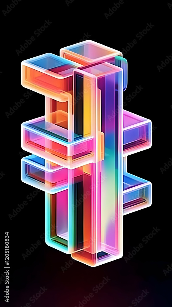 Poster 3d abstract structure forms interlocking geometric shapes with vibrant colors on black background.