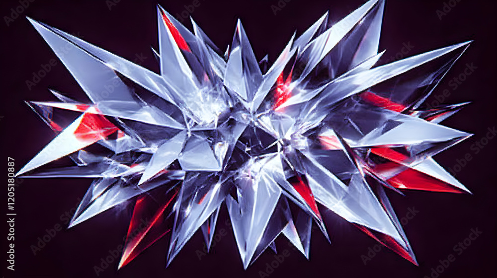 Poster abstract 3d crystal structure bursts with red and white spikes dynamically on a dark background