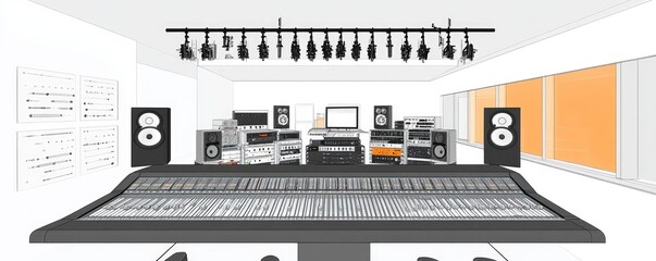 A modern music studio featuring a large mixing console and various audio equipment.
