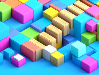 Obraz premium 3D Render of Colorful Cubes and Wooden Planks Creating an Abstract Composition on a Blue Background.