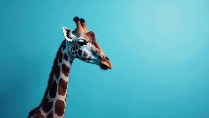 Obraz premium Elegant Giraffe Portrait Against a Vibrant Blue Background, Showcasing its Graceful Neck and Unique Spotting Pattern