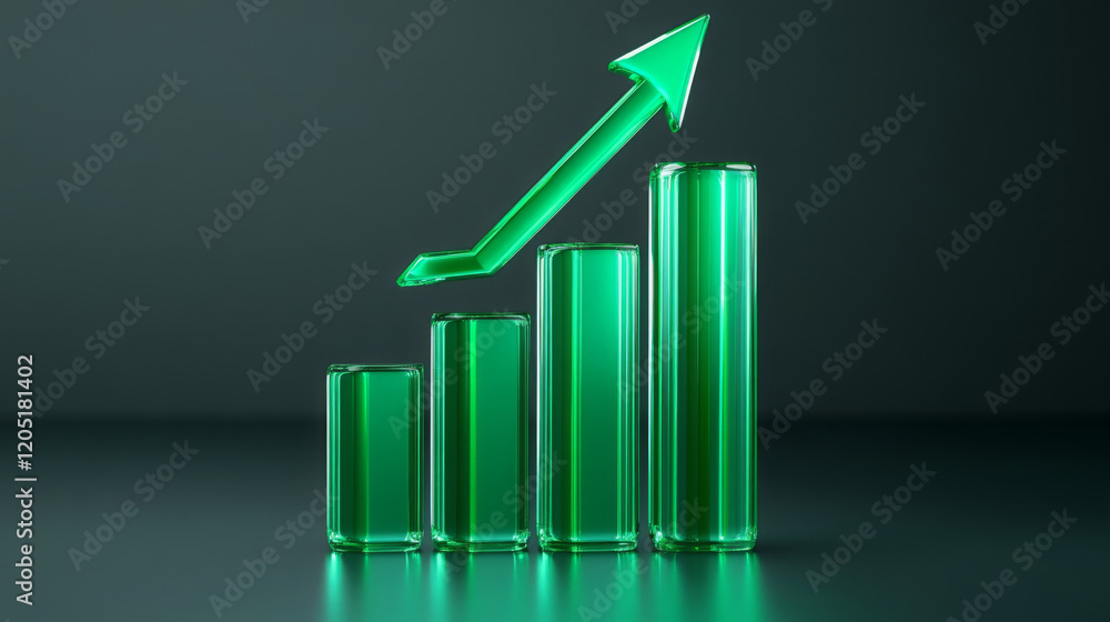 Poster glossy green bar chart with upward arrow symbolizes growth and progress. this visually appealing gra