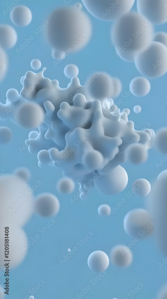 Poster 3d abstract background with white spheres and blobs floating in blue space