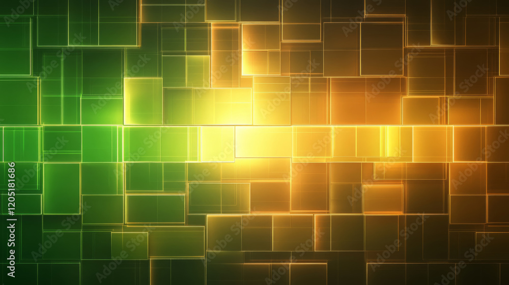 Poster glowing futuristic abstract design featuring vibrant green and orange squares, creating dynamic and 