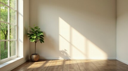 Fototapeta premium Sunlit Room Corner with Plant in Pot and Hardwood Floor