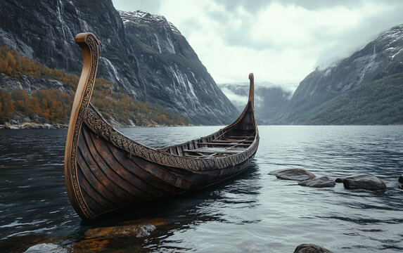 Viking village, drakkar on the water, mountains	
