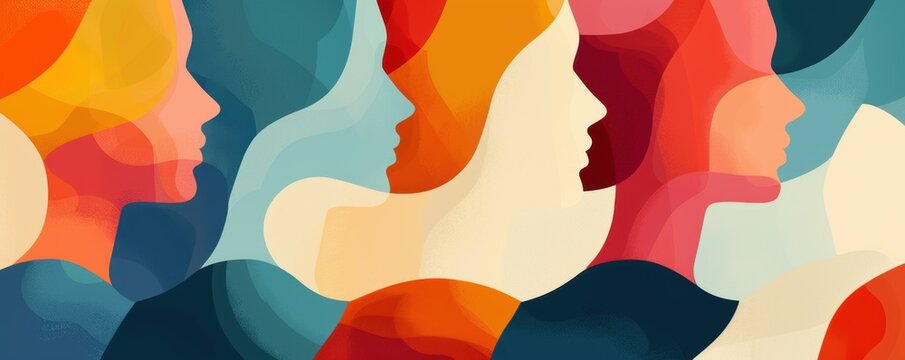 Colorful drawing of people's faces with a blue background