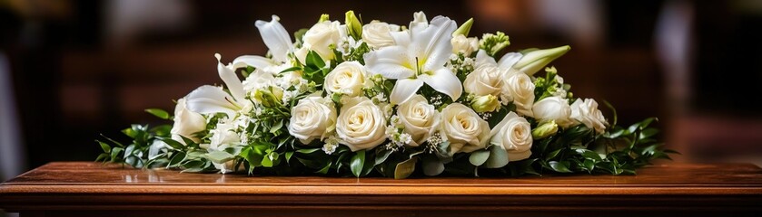 A floral arrangement of white lilies and roses atop a wooden surface, likely for a memorial.