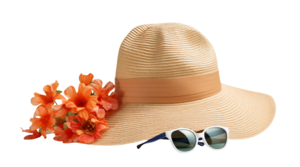Summer Vacation Straw Hat Sunglasses Flowers isolated on transparent background