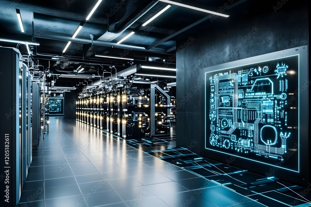 Aufkleber futuristic server room displays complex circuitry design on a glowing screen in a dark data center