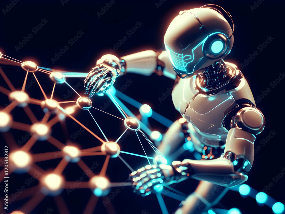 Poster futuristic robot interacts with complex network nodes, symbolizing advanced technological connectivi