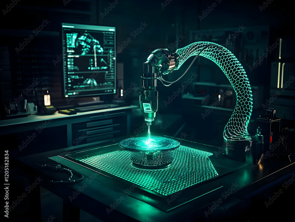 Aufkleber futuristic robotic arm engraves intricate design on a circuit board in a high-tech lab