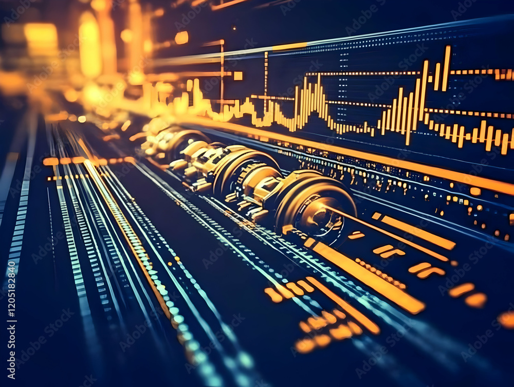 Poster futuristic machine displays data analysis and information processing with glowing charts efficiently