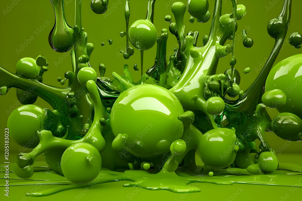 Poster 3d render of abstract green liquid splash with glossy spheres dynamically interacting