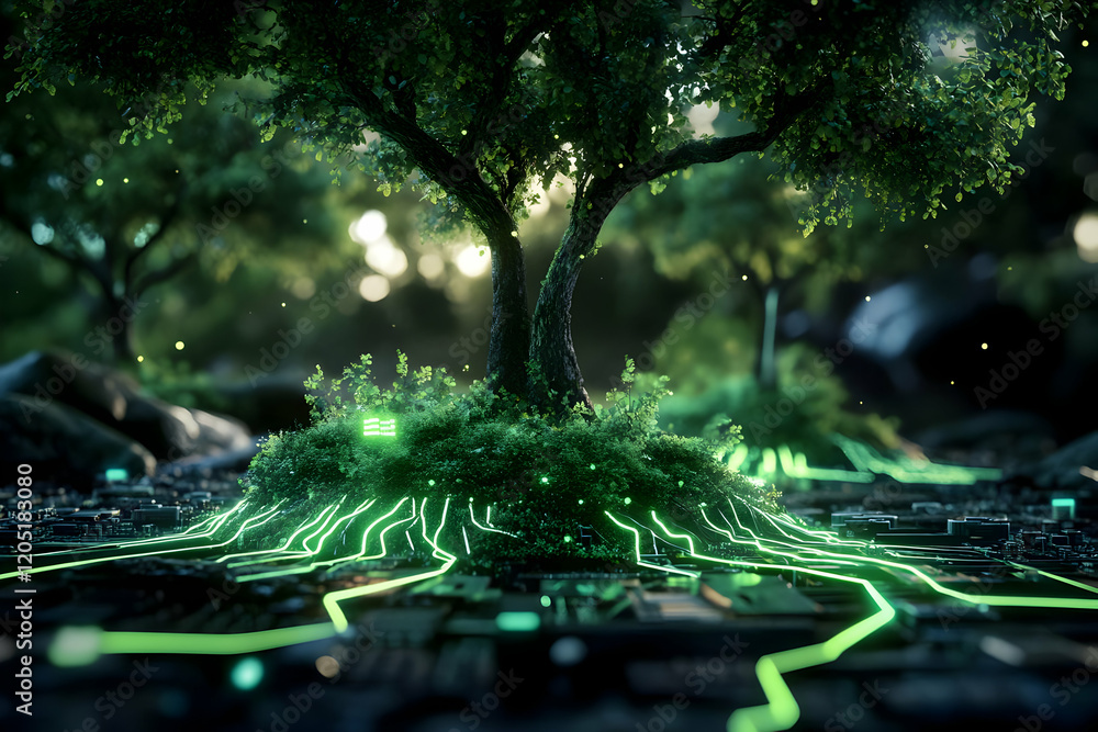 Poster lush tree grows from futuristic circuitry in a magical forest setting with glowing green lights