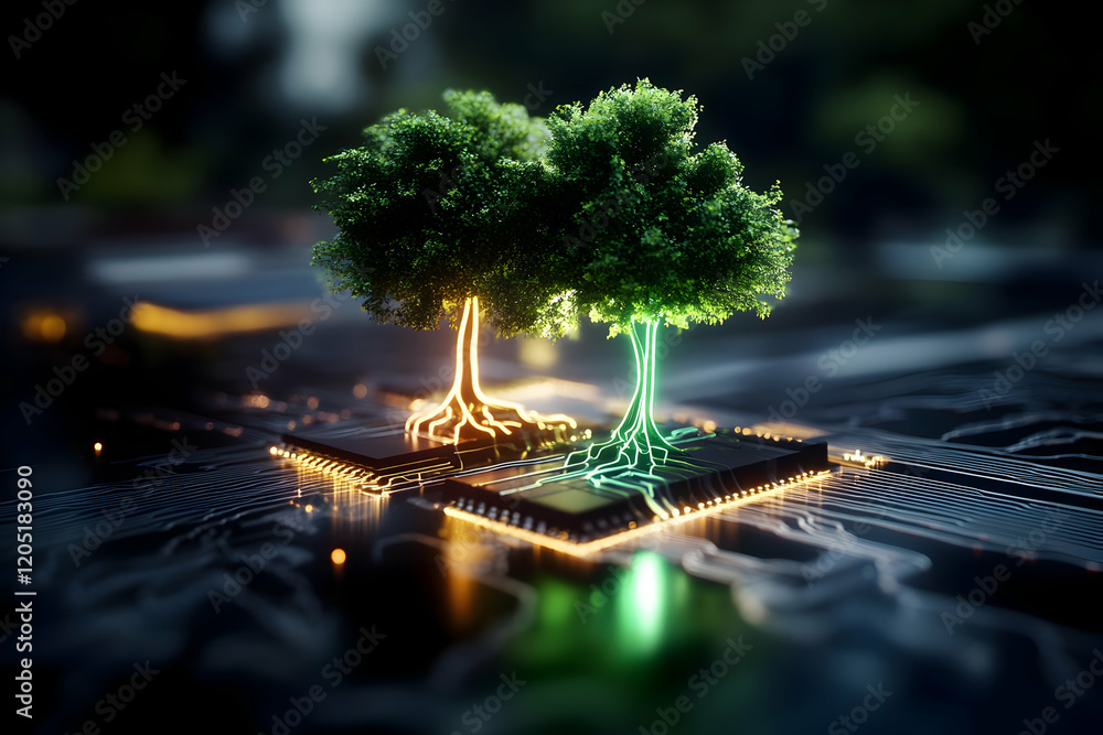 Poster 3d rendered trees growing from computer chips on a circuit board with glowing roots