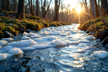 Naklejka premium Thawing River in Early Spring, Ice Melting, Fresh Greenery