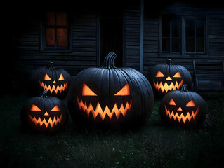 Glowing Jack-o'-lanterns Illuminate a Spooky Night in Front of an Old House