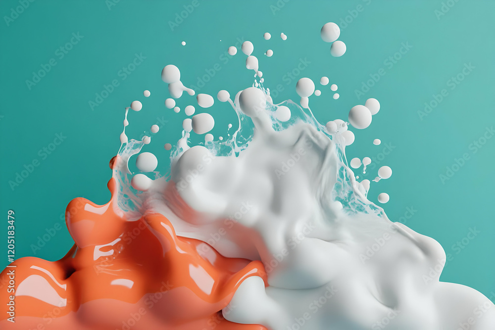 Poster abstract 3d render of orange and white liquid splashing dynamically against teal background