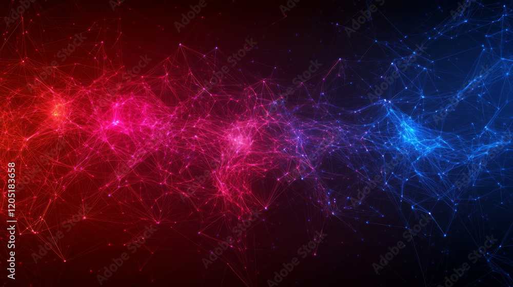 Poster vibrant digital artwork featuring network of colorful connections in red and blue hues, creating dyn