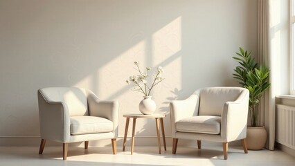Serene Minimalist Living Room Arrangement Featuring Two Cream Armchairs, a Small Round Wooden Table, and a Simple Floral Display in a White Vase, Basking in Soft Sunlight