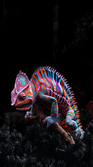 Fototapeta premium Vivid Chameleon Perches on a Branch Against a Dark Backdrop
