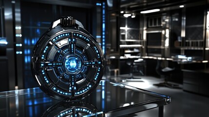 A futuristic device with glowing elements in a sleek, high-tech environment.