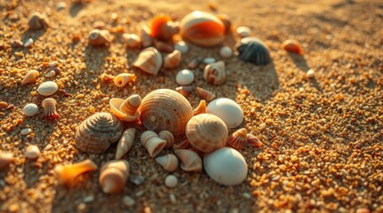 beach with golden sand, varied seashells, detailed textures. Warm, natural light; reds, oranges, and yellows dominate the image