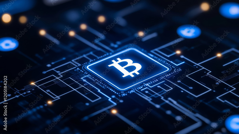 Poster digital currency graphic on computer screen featuring bitcoin symbol, showcasing technology and fina