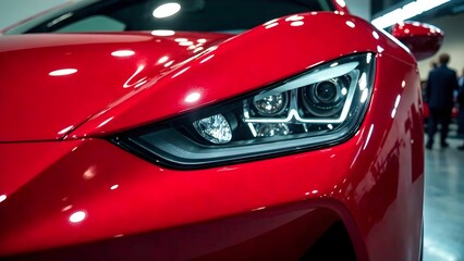 Red car in a car showroom, front view. High quality photo