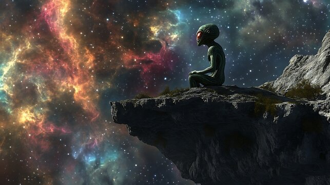 An alien perched on a floating island surrounded by the vastness of space and colorful nebulae