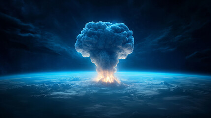 dramatic explosion creates massive mushroom cloud above Earth, showcasing powerful display of energy and destruction. scene evokes sense of awe and fear