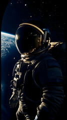 Fototapeta premium Astronaut floats in space, gazing at Earth's beauty, a cosmic journey unfolds. Exploration continues.