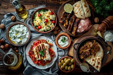 Greek cuisine spread with various dishes on a wooden table