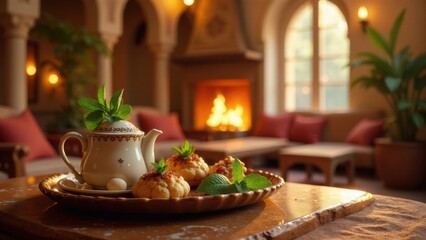 Fototapeta premium A comforting afternoon tea setting with delicate pastries and a teapot adorned with fresh mint, enjoyed in a warm and inviting interior space with a cozy fireplace