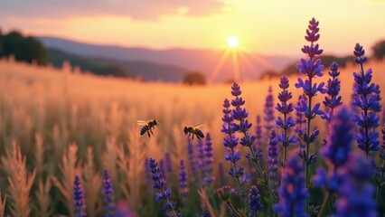 Naklejka premium Golden Hour Serenity Two Honeybees in Flight Over a Field of Lavender at Sunset