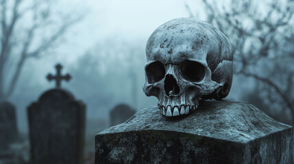 Gothic skull in foggy cemetery setting. Perfect for horror atmosphere or dark mood concepts.