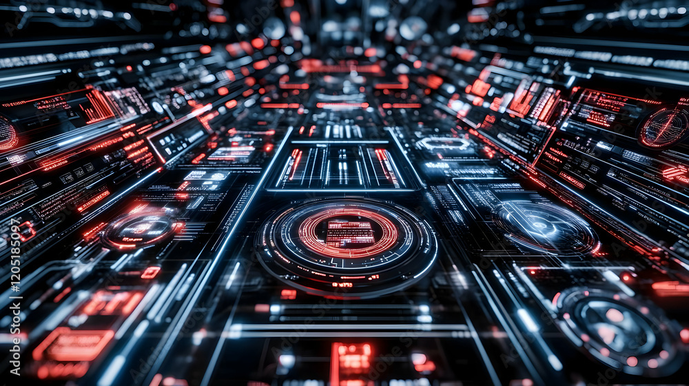Poster futuristic technology interface displays data stream in digital space seamlessly