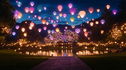 Illuminated Night Garden with Floating Lanterns