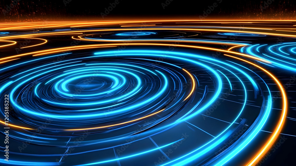 Poster abstract background with blue and orange circular light trails dynamically swirling across a dark su