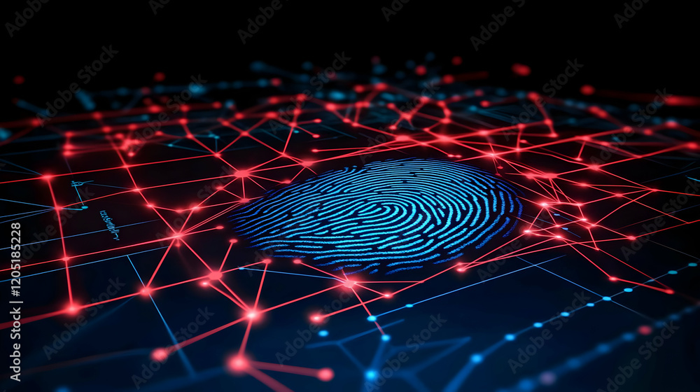 Poster blue fingerprint glows on network grid with red and blue connections in dark background