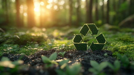 Green recycling symbol in forest at sunset: environmental conservation concept.