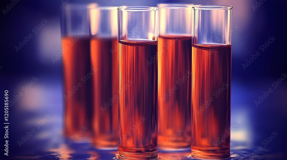 Aufkleber test tubes filled with orange liquid reflect on a surface in a science lab experiment precisely