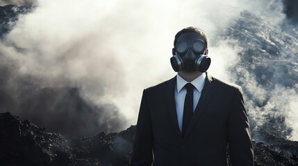 Man in suit and gas mask in smoky atmosphere. Ideal for environmental danger or urban pollution.
