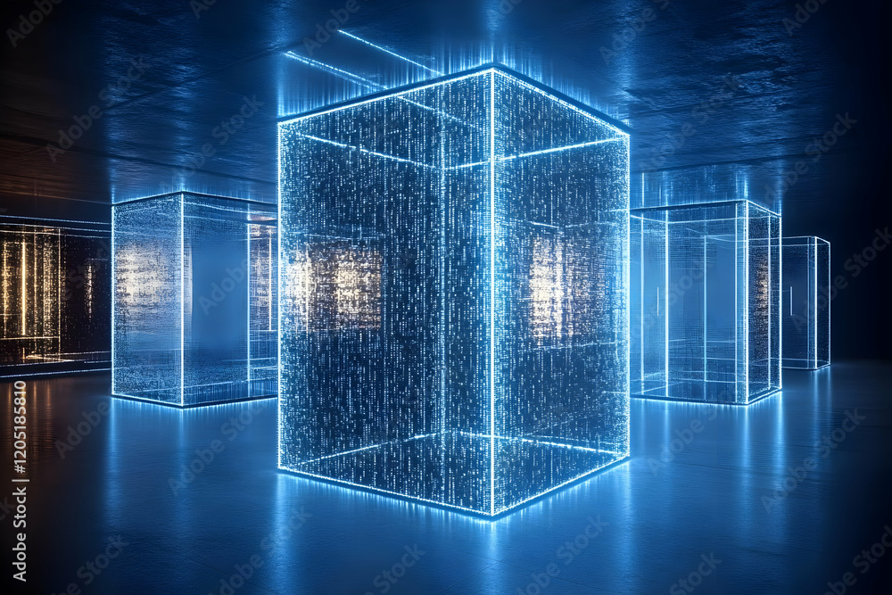 Poster glowing cube structures illuminate a dark room with digital data patterns and reflective floors