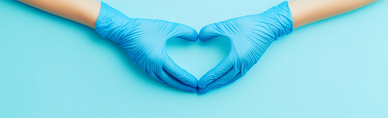 Hands in blue medical gloves forming a heart shape on a light pastel background, with a banner and copy space area for text. Healthcare concept.