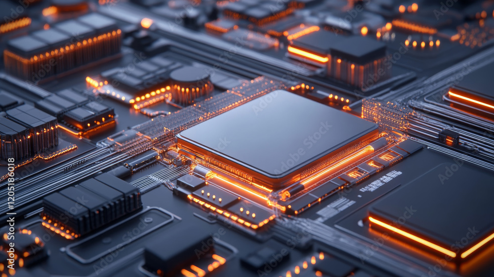 Poster high tech circuit board with glowing components and intricate design, showcasing modern technology a