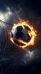 Fototapeta premium Fiery Soccer Ball Blazes Through Goal Net Under Dramatic Sky