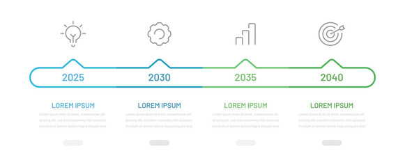 Timeline of the infographic. Horizontal thin linear four-step chart for presentation. The concept of achieving the company's success in 4 stages.