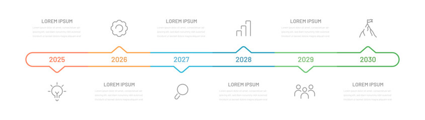 A thin linear business infographic for a presentation consisting of 6 steps, stages of achieving a goal. Project planning by year or month, editable icons